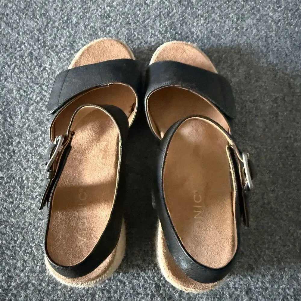 Vionic Sable Black Leather Espadrille Wedge Sandals Womens Size 9 Boho Comfort
